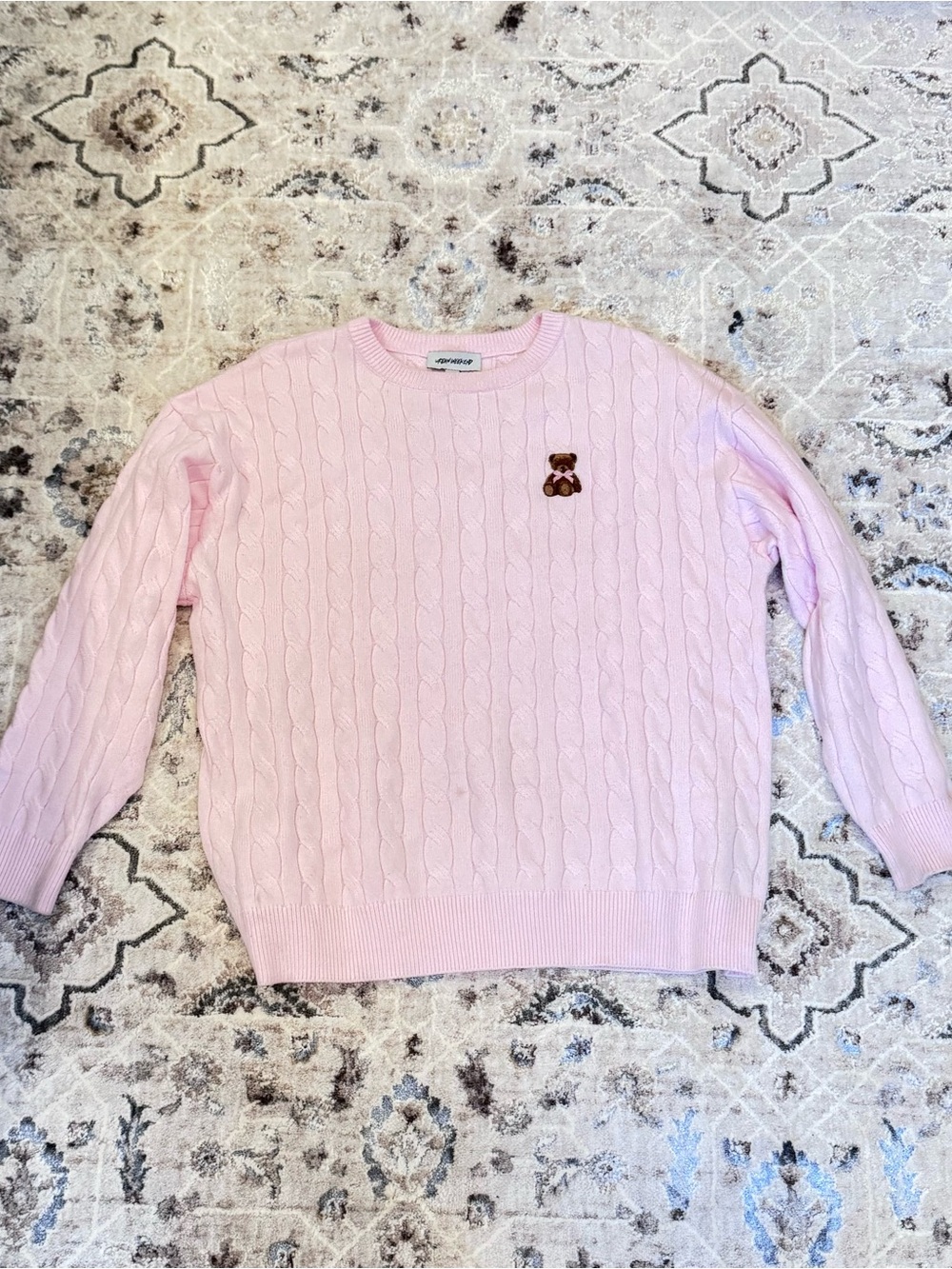 Women’s Pink Cable Knit Sweater with Teddy Patch